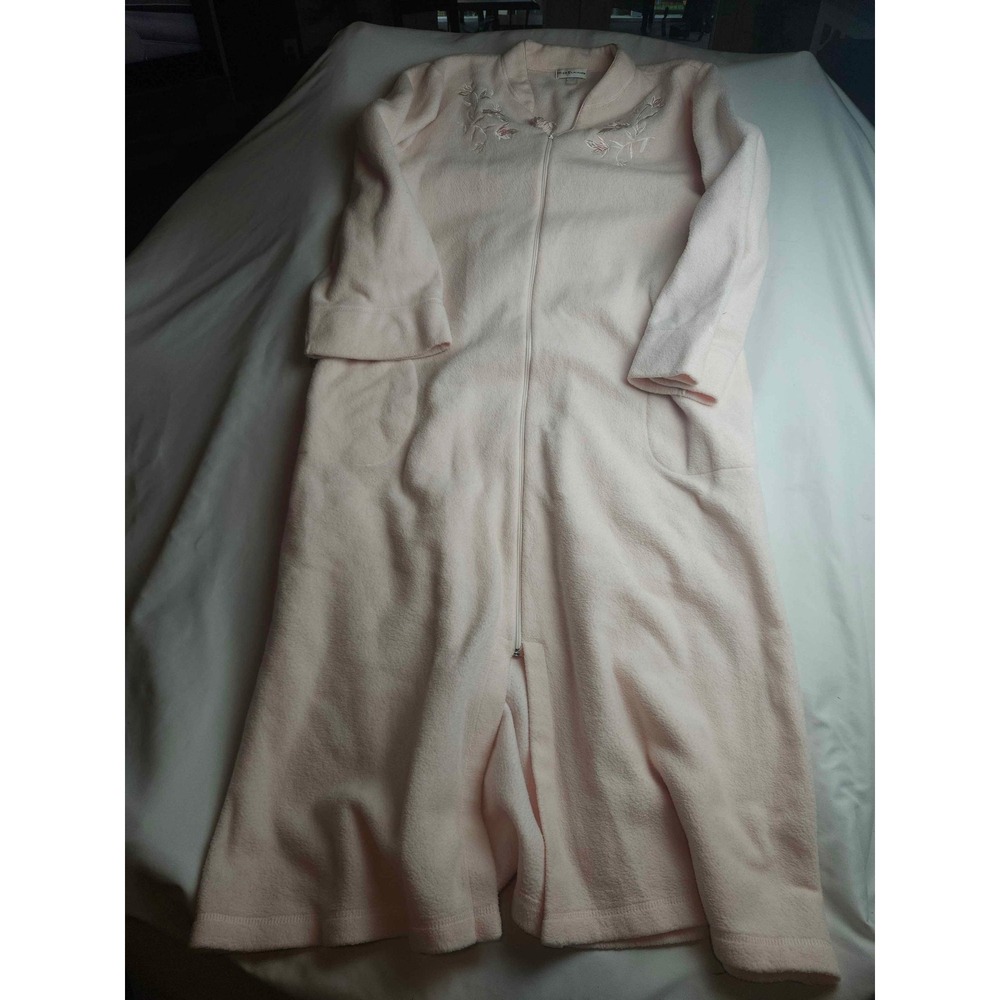 Miss Elaine Pink Fleece Zip Front Robe Floral Embroidered Long‎ Loungewear Large